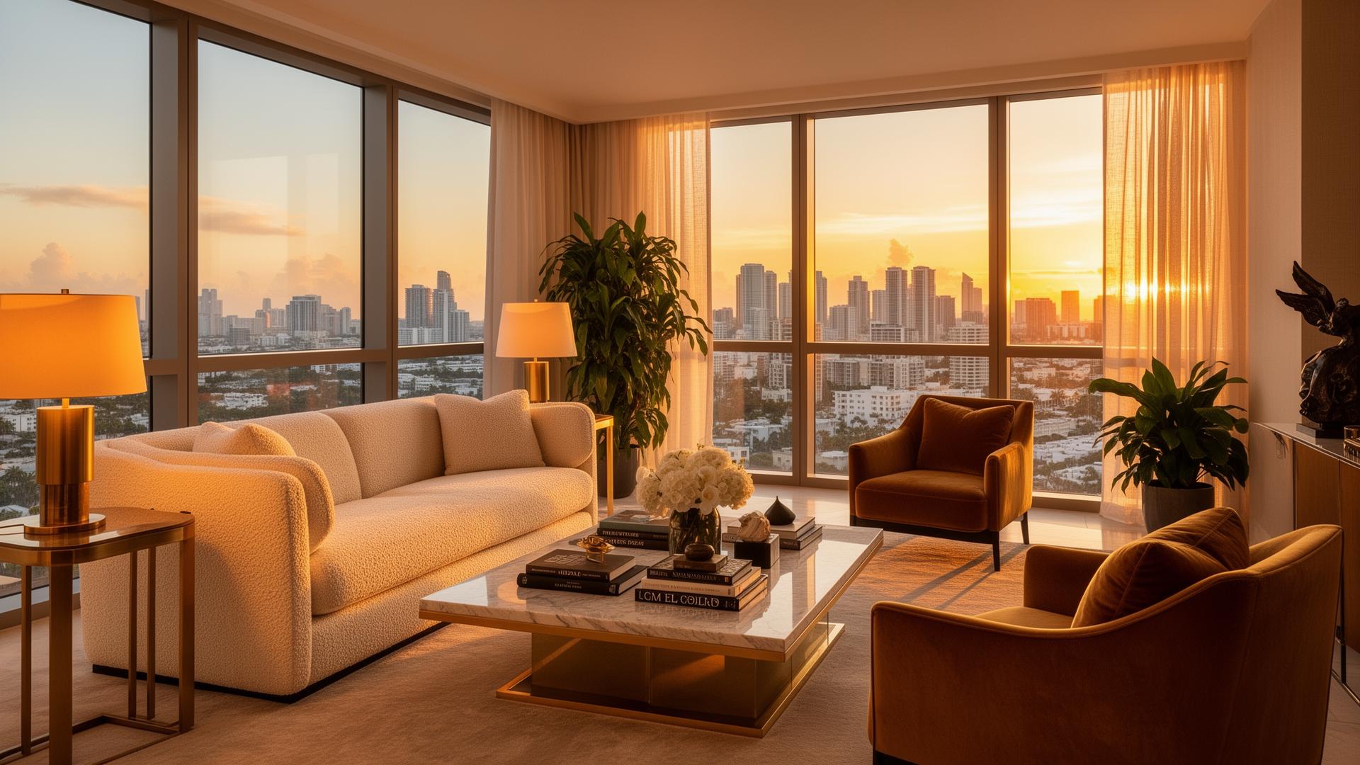 Luxury furnished living room in Miami at golden hour